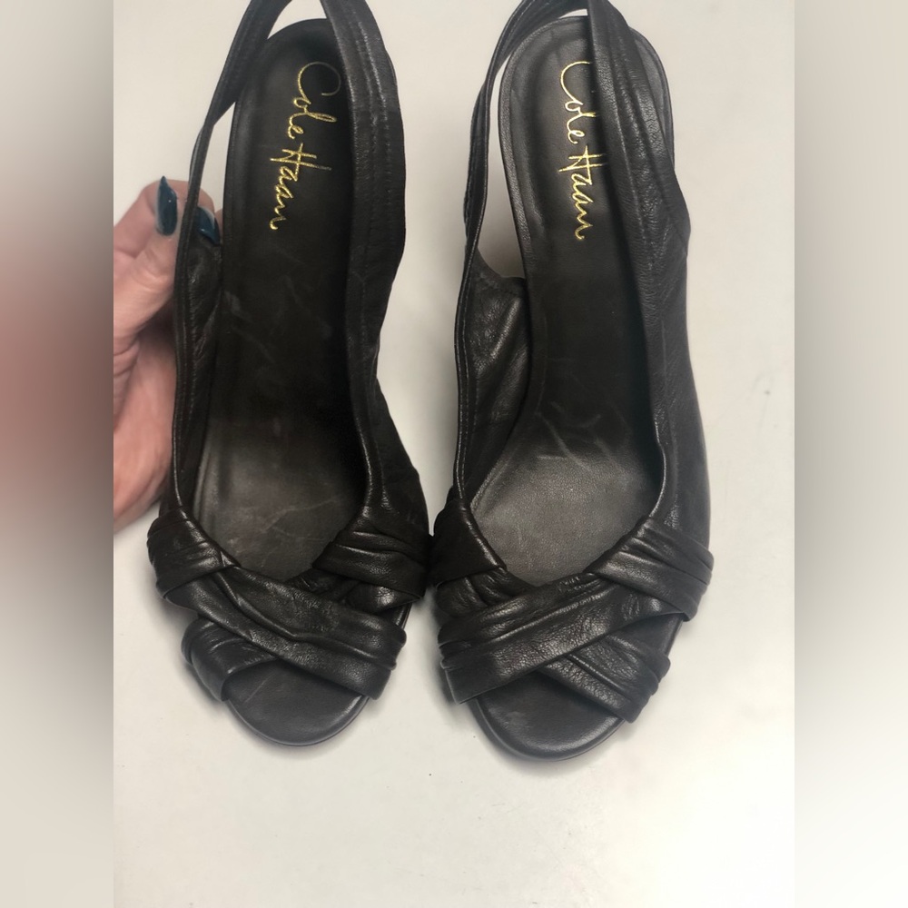 Cole Haan Nike Air Size 7B Brown Leather Peep-Toe Slingback Heels.3.5 Inch Heel.